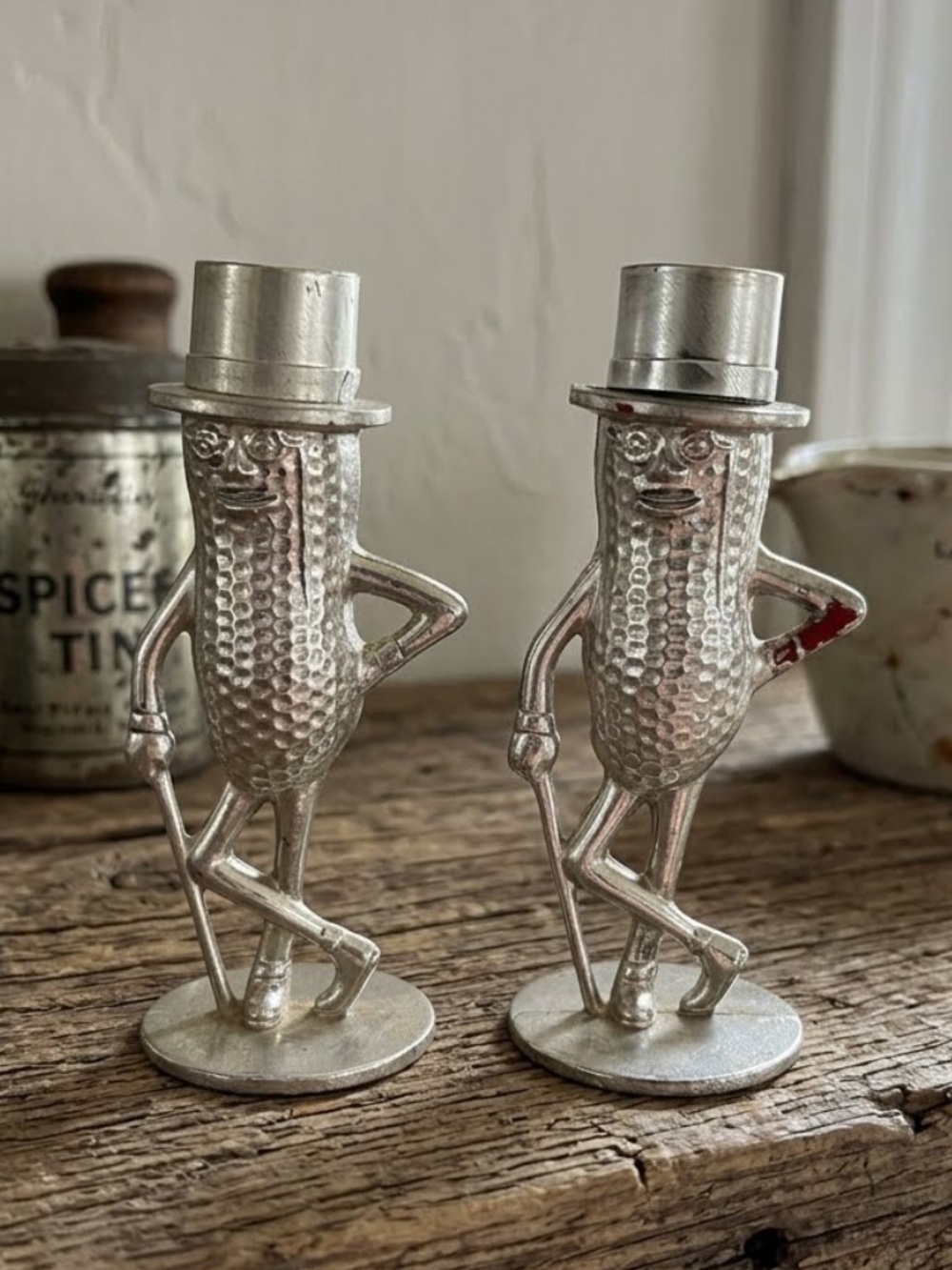Vintage Mr. Peanut salt and pepper shakers
silver-tone plastic
Collectible